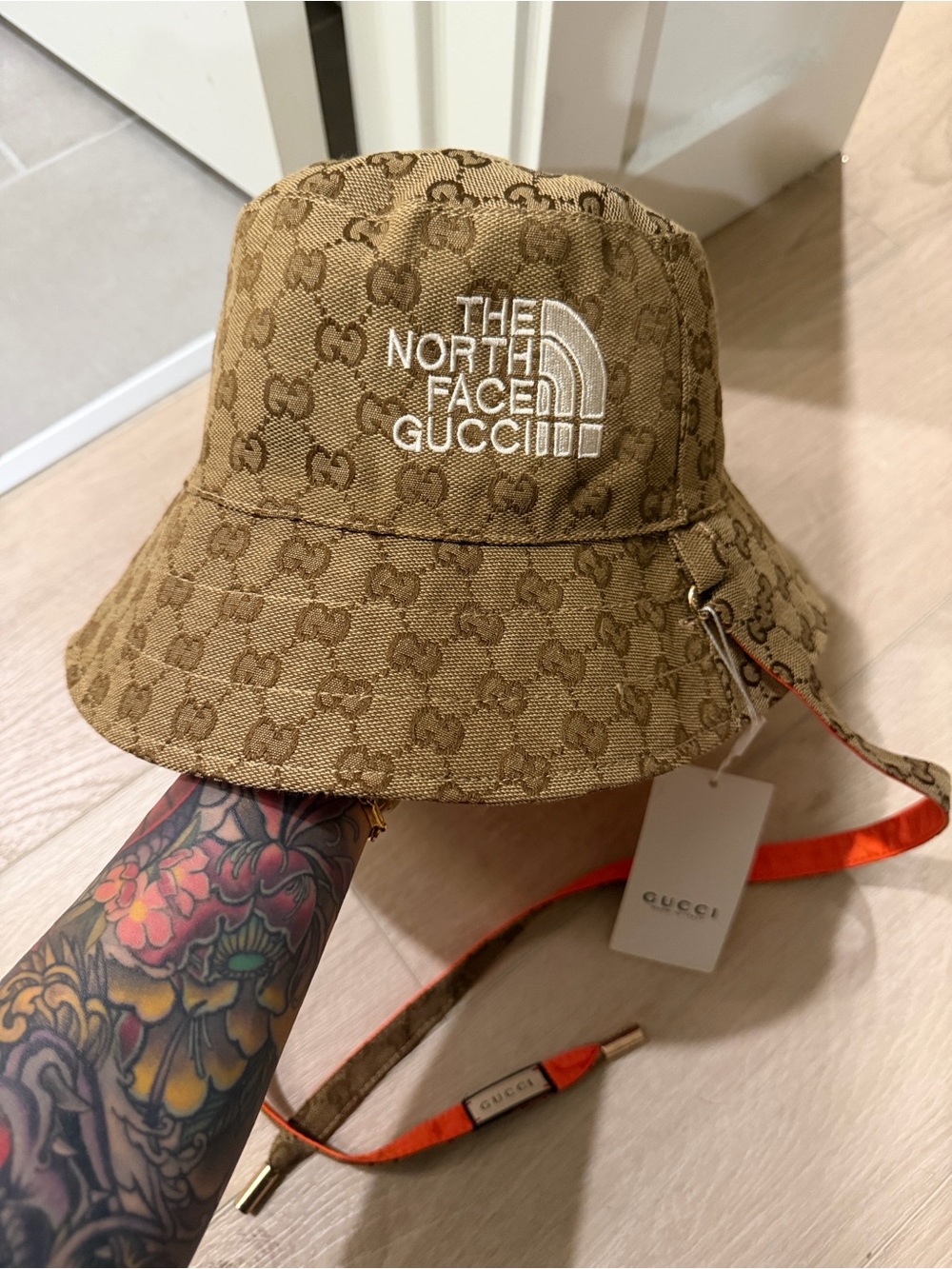 The North Face x Gucci Tan Orange Monogram Reversible Bucket Hat